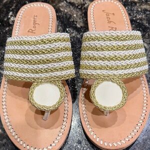 Jack Rogers White & Gold Braided Slide Toe-Post Sandals
